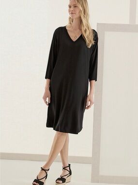 Eileen Fisher Black V Neck Organic Cotton Jersey Dress Women’s size XS Pockets